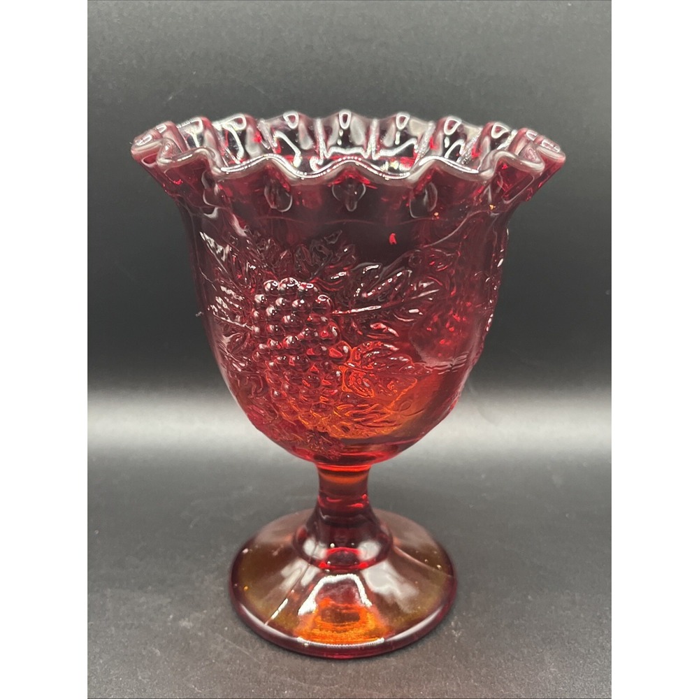 Vintage Amberina Crimpted Top Pedestal Compote Dish w/ Grape Pattern - It Glows!